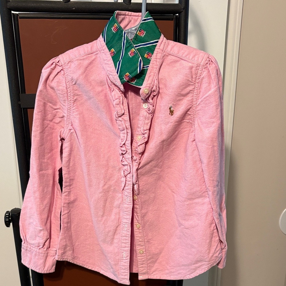 Ralph Lauren Pink Ruffle-Front Girls' Button Shirt with Green Collar Accent